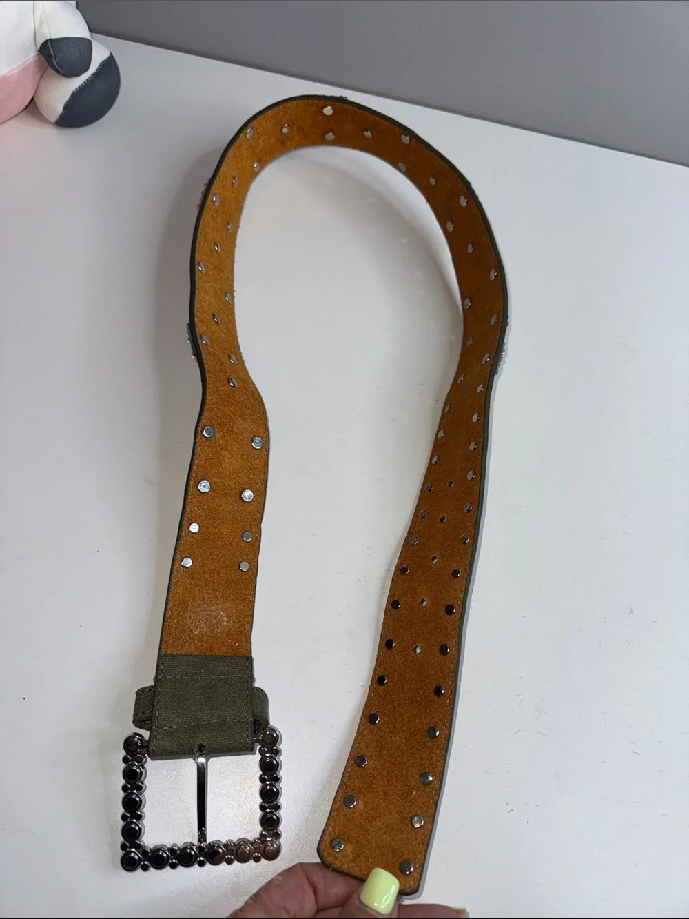Vintage Olive Green Jeweled Statement Belt – Multicolor Rhinestone Buckle – Boho